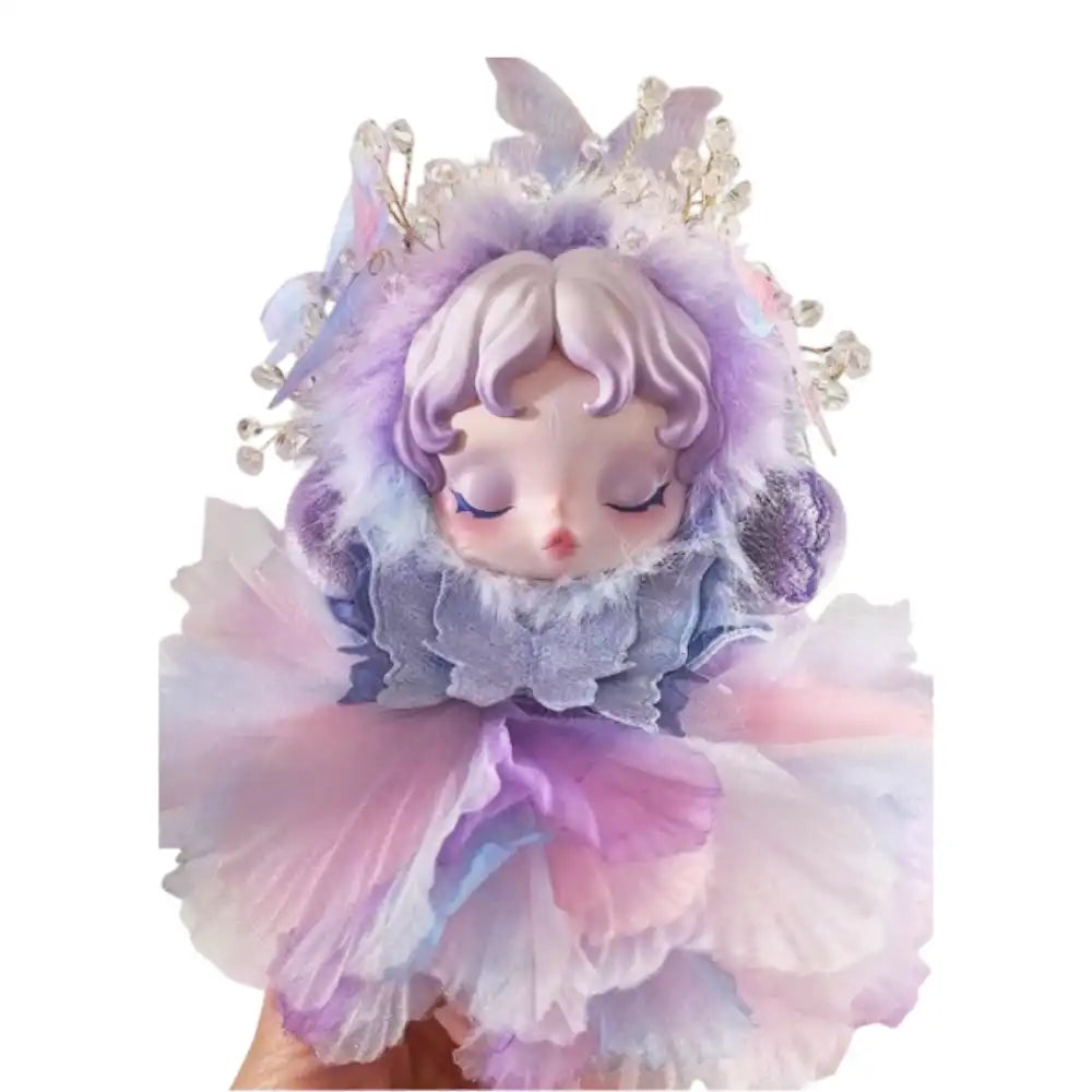 Skullpanda plush figure wearing the Dreamy Purple Outfit, featuring a fluffy butterfly crown headwear and a layered ombre petal dress in pastel purple and blue.