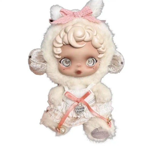 Skullpanda plush figure wearing the Red Ribbon White Dress Outfit, featuring a white plush bunny-eared hooded bodysuit, a white ruffled dress, and a pink ribbon with a heart charm.