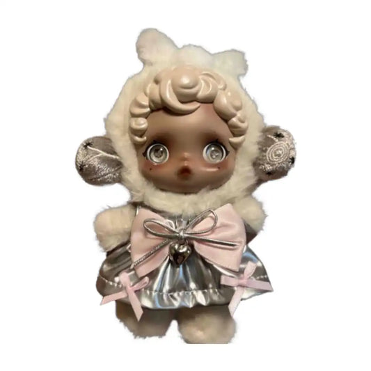 Skullpanda plush figure wearing the Silver Dress Outfit, featuring a creamy white plush hooded bodysuit with embroidered ears and a silver metallic dress with a large pink satin bow.