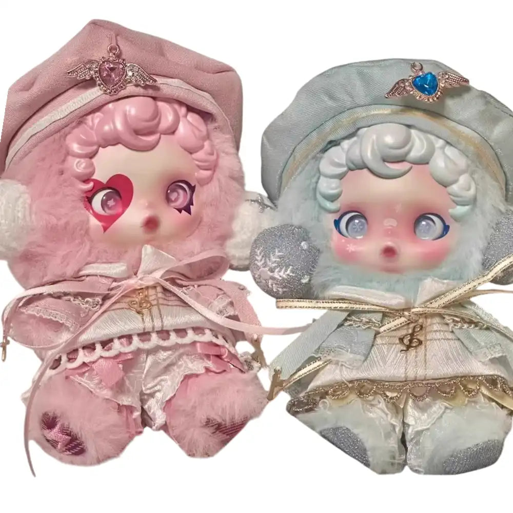 Skullpanda plush figure wearing the 4-piece Musicnote Outfit, featuring a hat, cape, top, and bottom. Available in Pink and Powder Blue colorways.