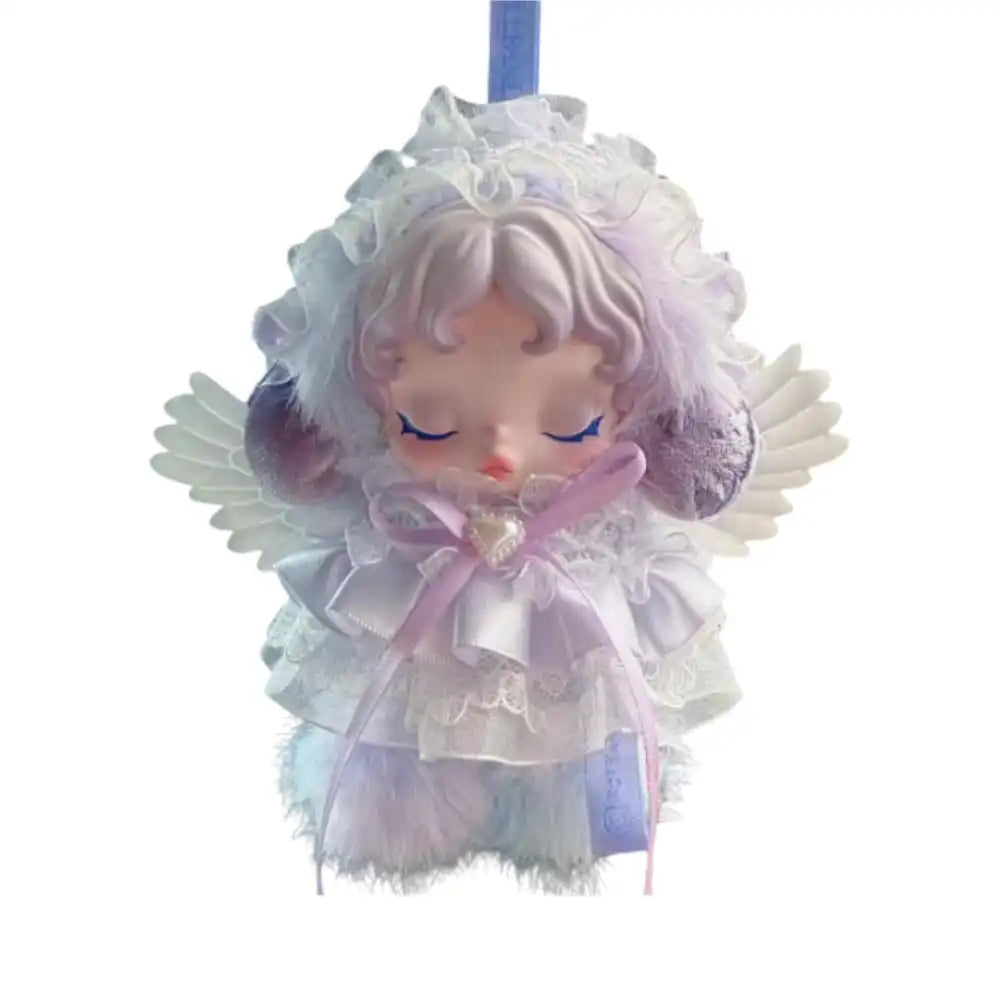 Skullpanda plush figure wearing the Purple Angel Outfit, featuring a gradient dress, lace ruffle hood, attached white angel wings, and a lavender ribbon accessory.