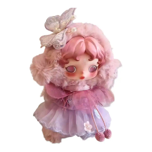 Skullpanda plush figure wearing the Butterfly Fairy Outfit, featuring a sheer butterfly headpiece and a layered tulle dress with floral and pom-pom accents.