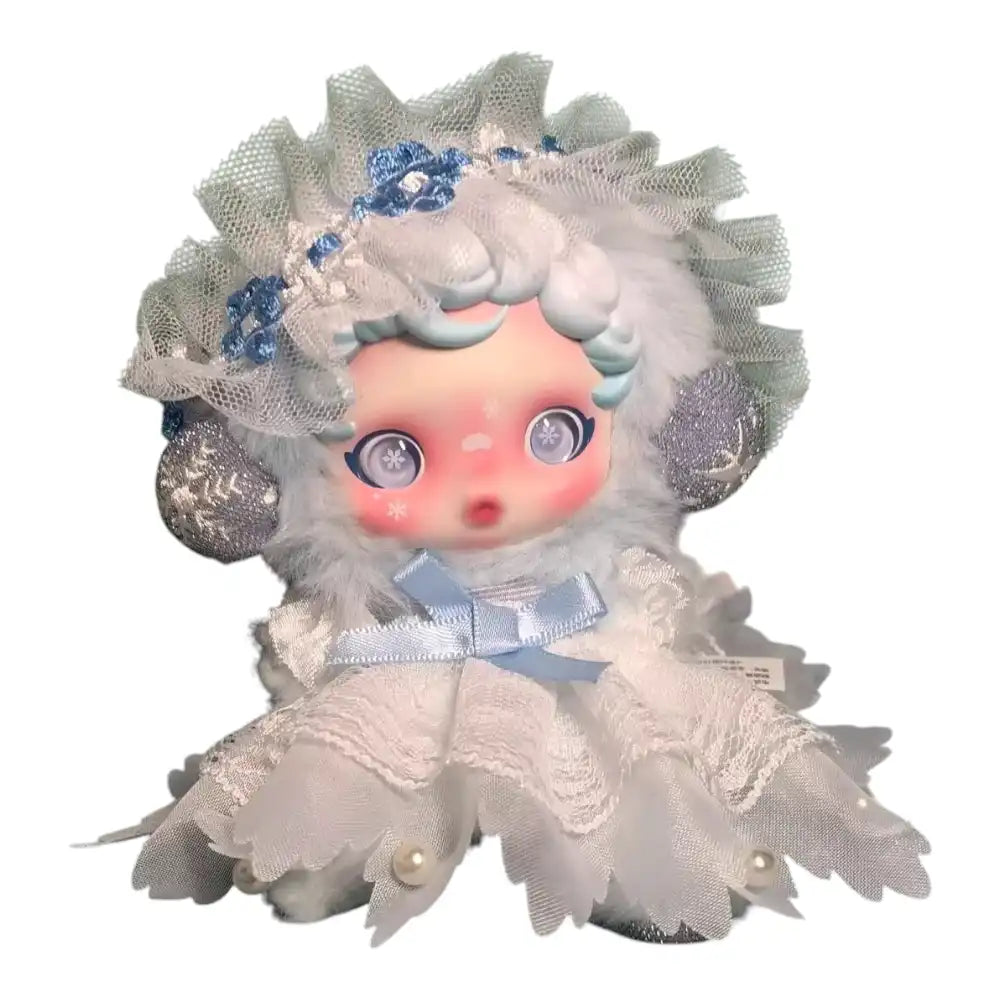 Skullpanda plush figure wearing the Pearl Princess Outfit, featuring a ruffled lace headpiece with blue flowers and a layered skirt with pearl accents and a blue ribbon bow.