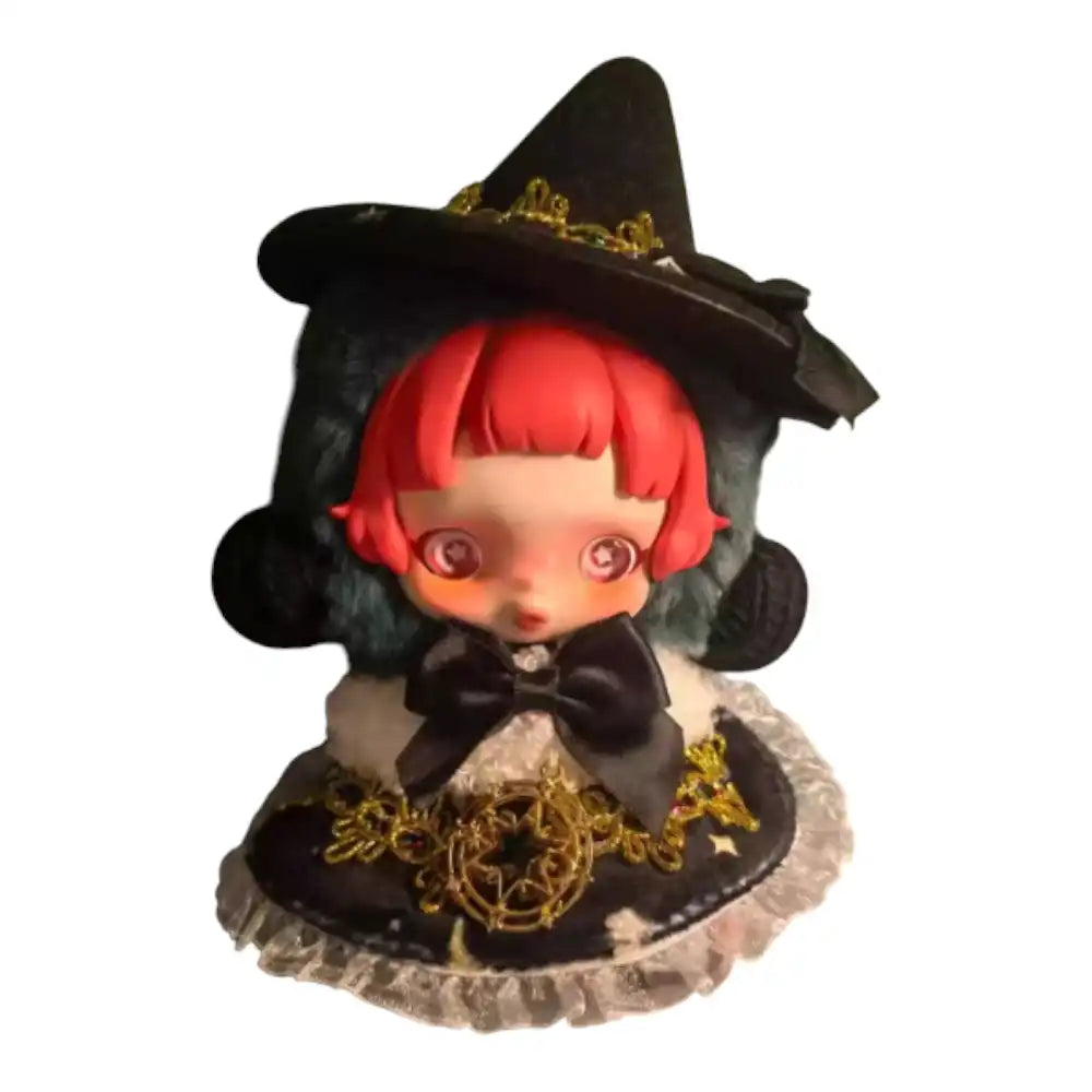 Skullpanda plush figure wearing the Magician Outfit, featuring a black witch hat with gold trim and a celestial-themed skirt with a pentagram charm.